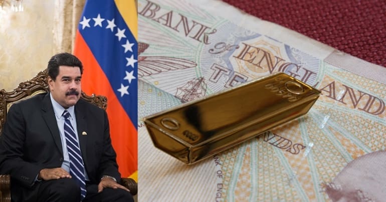 Venezuelan president Nicolas Maduro and a bar of gold resting on an English banknote