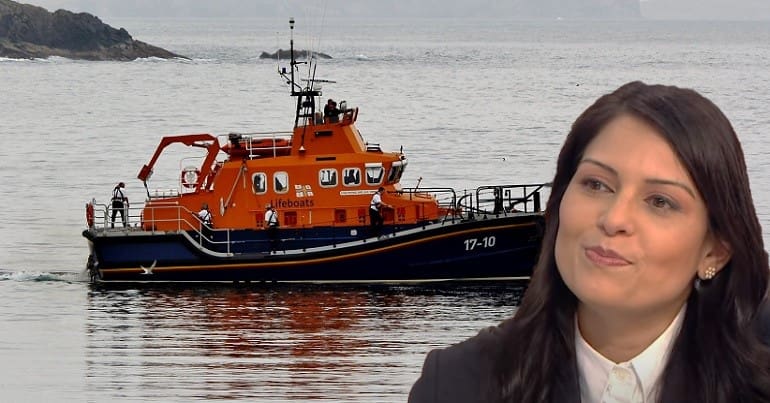 An RNLI Lifeboat and Priti Patel