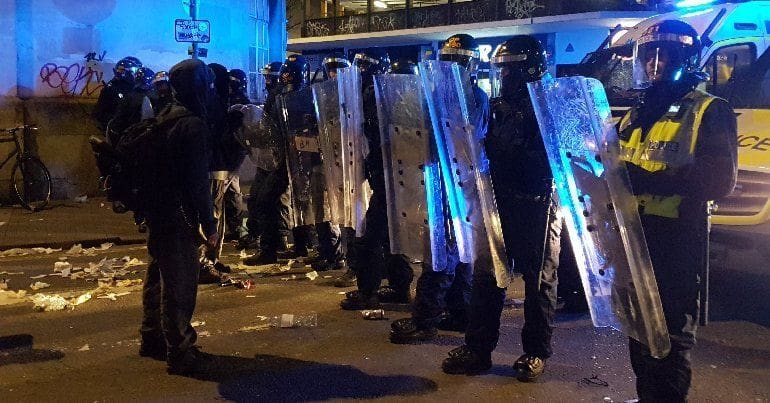 Demonstrators and police at the March 21 Kill the Bill protest in Bristol