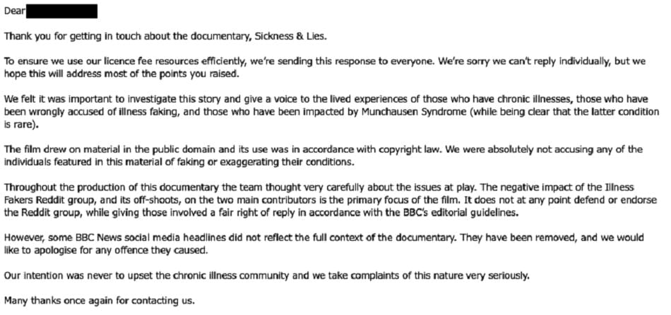 BBC Response to a Sickness and Lies complaint