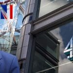 Channel 4 building Nigel Farage and GB News logo