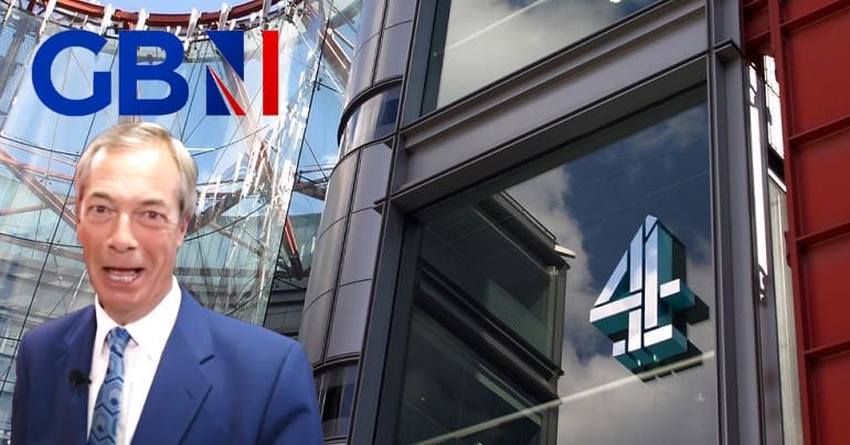 Channel 4 building Nigel Farage and GB News logo