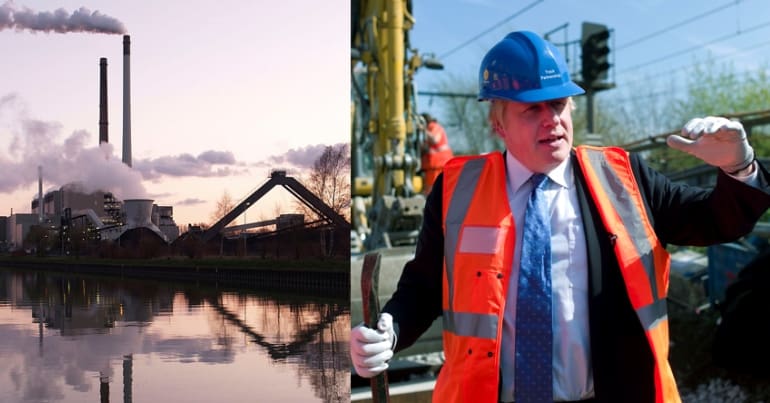 A coal power station and prime minister Boris Johnson