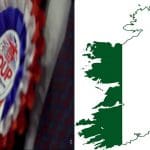 DUP logo beside a map of a united Ireland