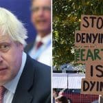 Boris Johnson beside a climate crisis campaign poster