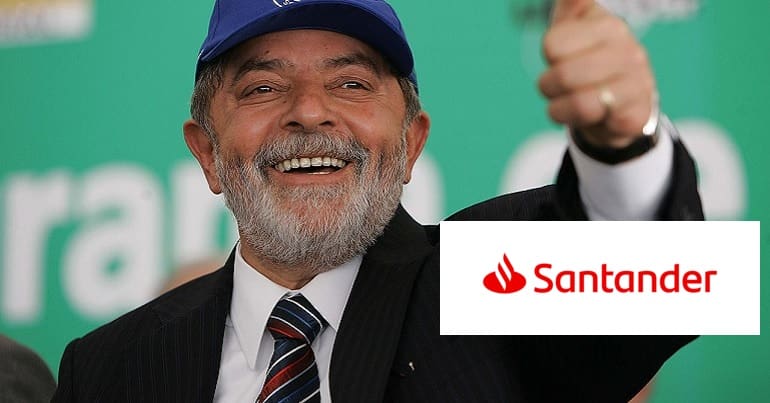 Brazil presidential candidate Lula and the Santander logo