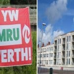 Welsh language sign saying 'Wales is not for sale' and a new apartment development in north wales
