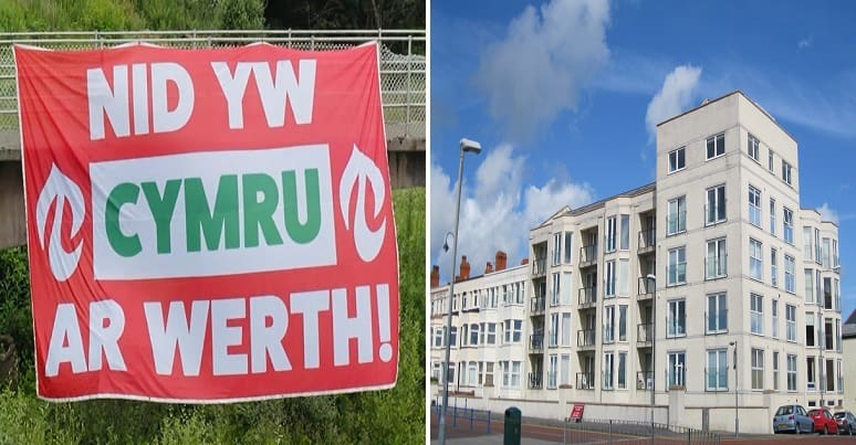 Welsh language sign saying 'Wales is not for sale' and a new apartment development in north wales