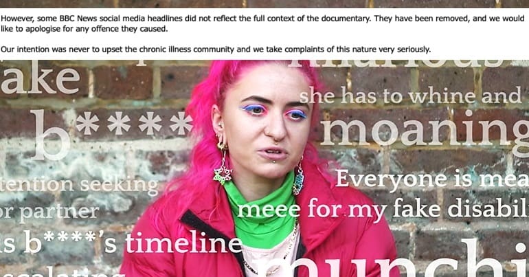 Sickness and Lies screen grab and a BBC comment