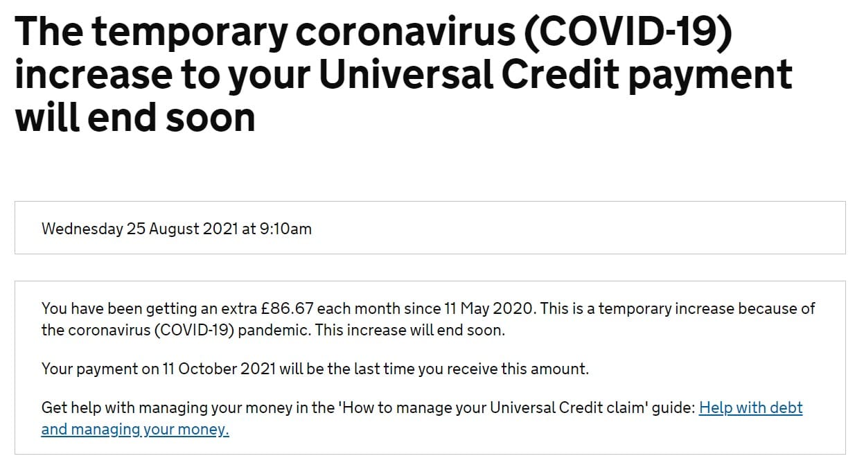 Universal Credit cut notification 