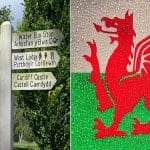 Welsh and English bilingual signpost and the Welsh flag
