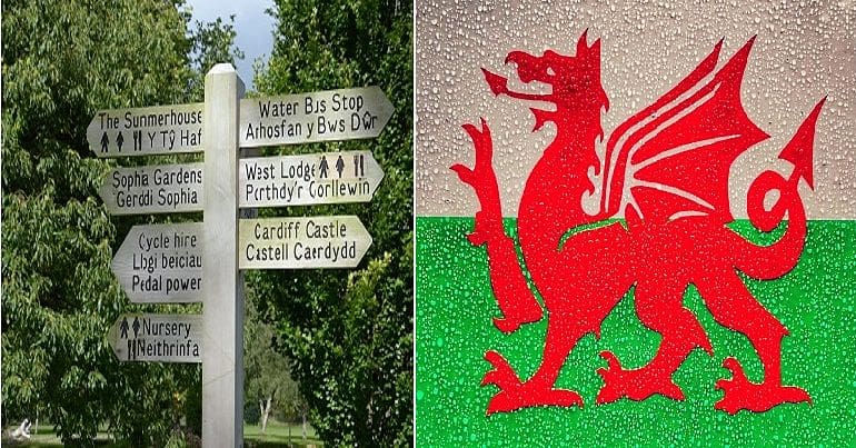 Welsh and English bilingual signpost and the Welsh flag