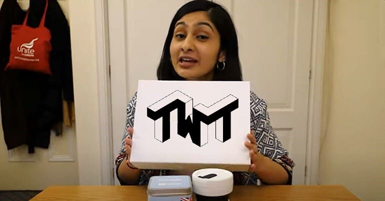 Zarah Sultana holding The World Transformed TWT Logo