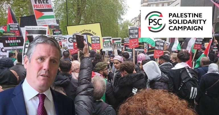 A PSC demo and Labour leader Keir Starmer and the PSC logo