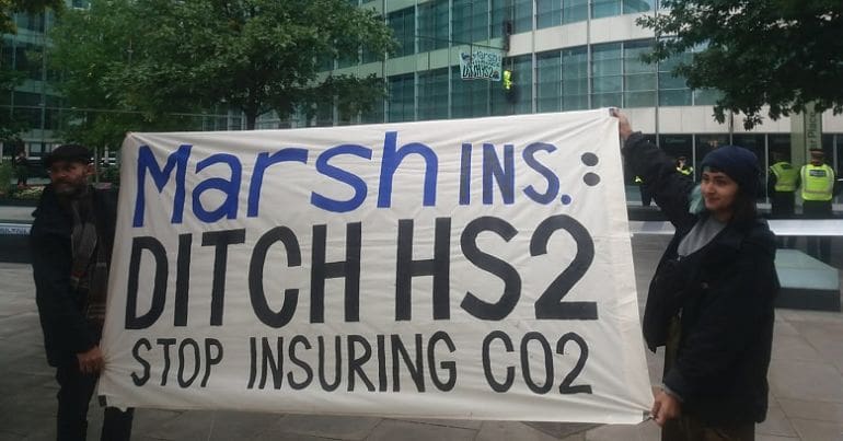 Anti-HS2 protesters campaigning outside Marsh's office in City of London