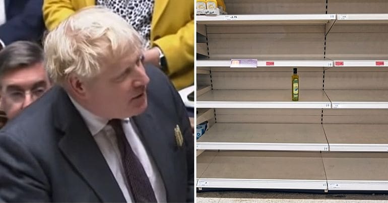 Boris Johnson speaking in the House of Commons and an empty supermarket shelf