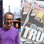 Comedian David Baddiel and a copy of the New York Post featuring Donald Trump on the front page