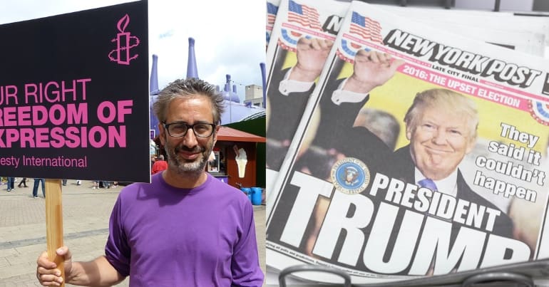 Comedian David Baddiel and a copy of the New York Post featuring Donald Trump on the front page