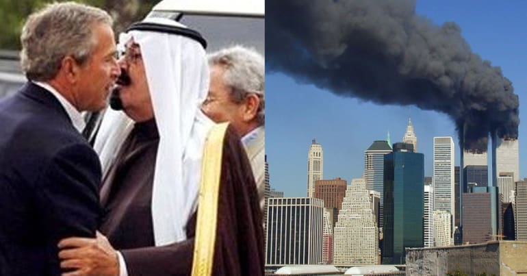 George Bush and the king of Saudi Arabia; the Twin Towers on September 11, 2001