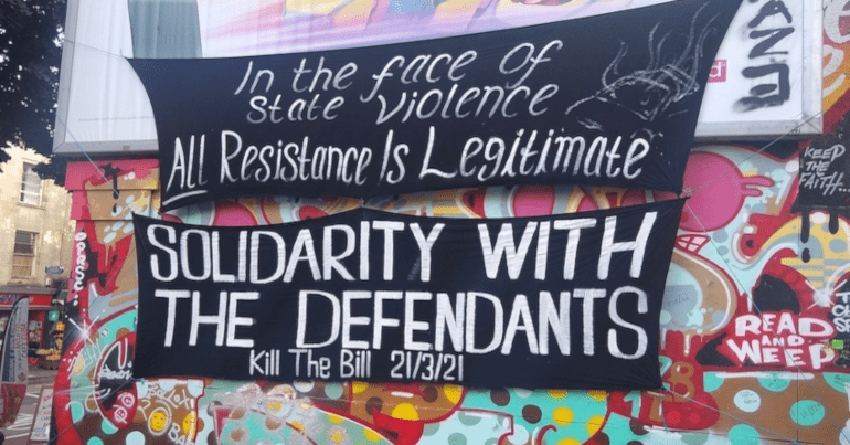 A mural in support of the Kill the Bill defendants on Bristol's Turbo Island