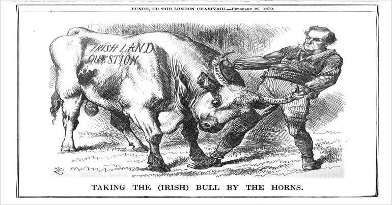 Punch magazine depiction of Irish politics in the 19th century showing prime minister Disraeli pulling a bull by the horns