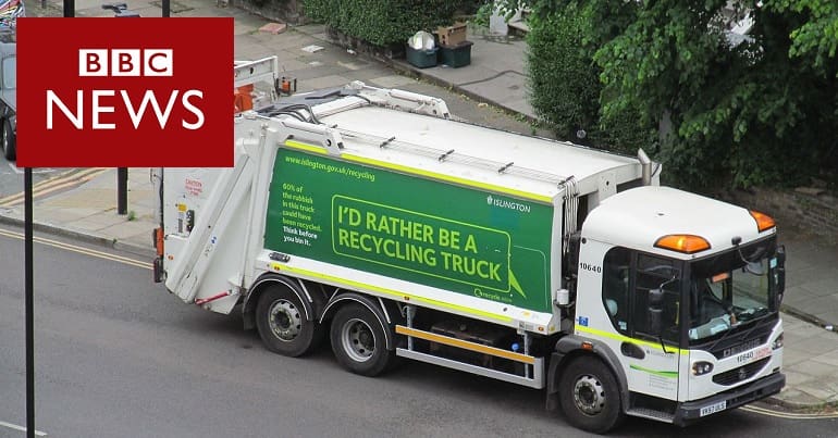 The BBC News logo and a bin lorry