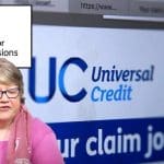 The DWP and Universal Credit logos with Therese Coffey about the cost of living payment