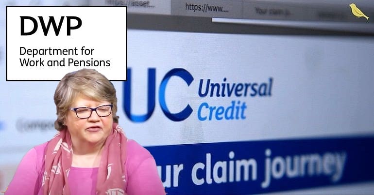 The DWP and Universal Credit logos with Therese Coffey