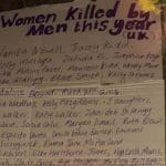 A list of women's names killed by men at a vigil