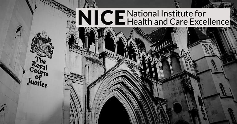 A view of court and the NICE logo in relation to ME/cfs
