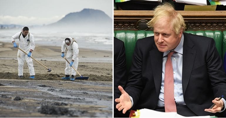 People cleaning up a beach after an oil spill and Boris Johnson in the House of Commons