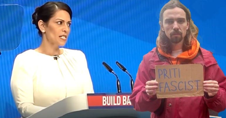 Priti Patel at the Tory conference and a protester holding a sign saying Priti Fascist