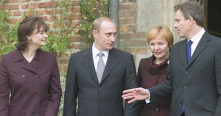 Former prime minister Tony Blair and his wife Cherie with Russian president Vladimir Putin and his then-wife