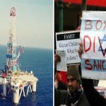 Gas rig off coast of Palestine and man holding a boycott Israel poster