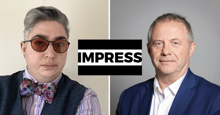 The Canary COO and Lord Mann with IMPRESS logo between