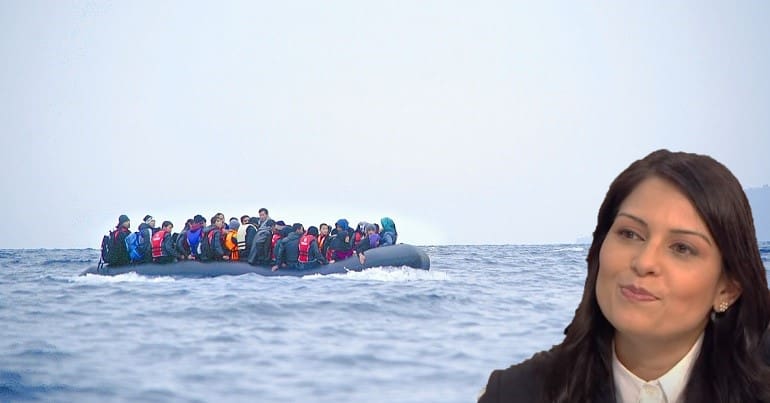 Refugees crossing a body of water and Priti Patel