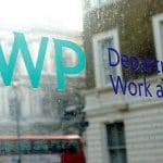 The DWP logo with rain on it