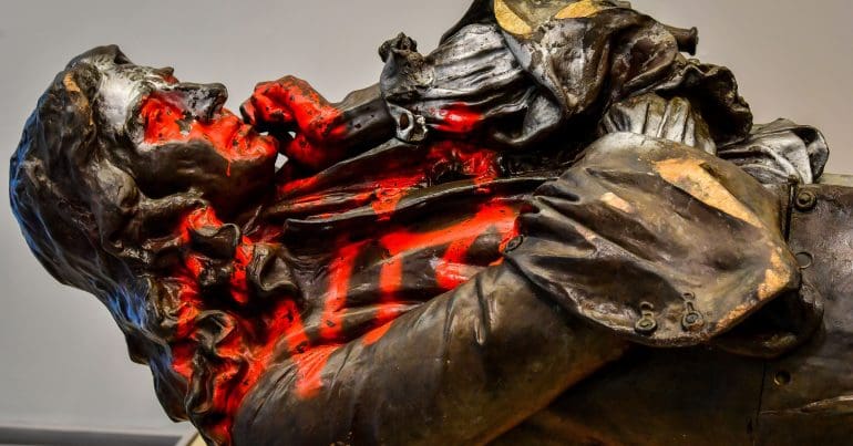 The toppled Edward Colston statue