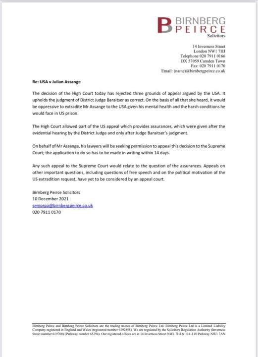 Birnberg's letter re Assange appeal