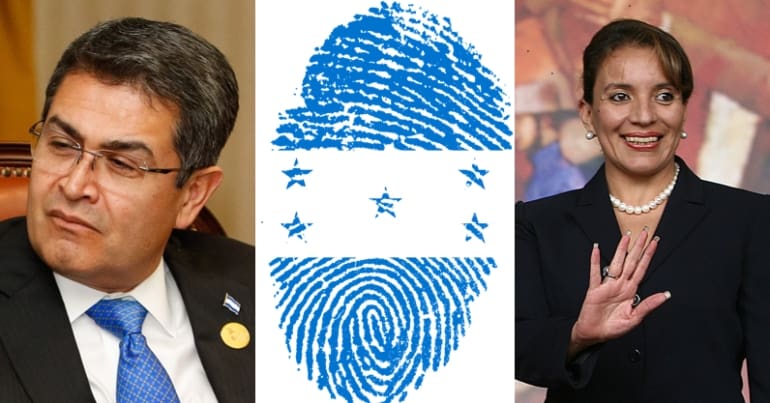 Honduran President Juan Orlando Hernandez, a Honduran flag in the style of a fingerprint, and Honduran president-elect Xiomara Castro