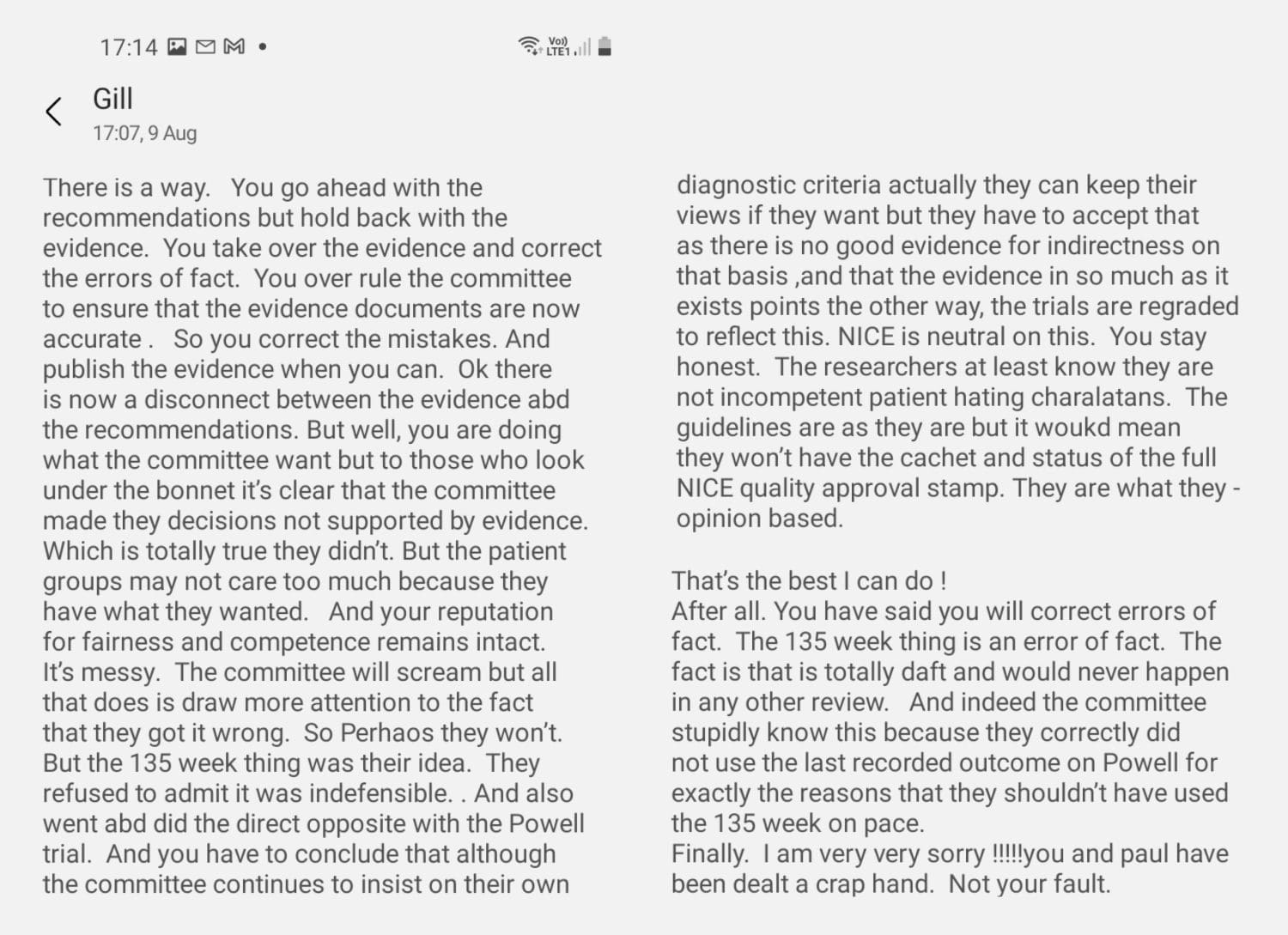 A text message sent from an individual at the Royal College of Psychiatrists to the CEO of NICE