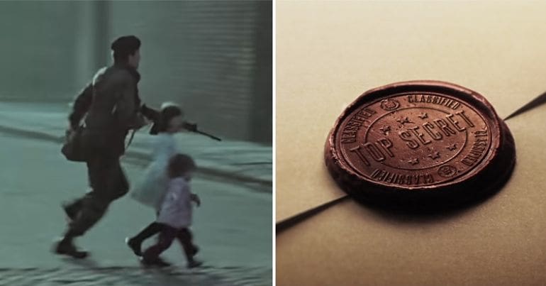 British soldier running in Belfast in the early 1970s beside some children and a top secret file