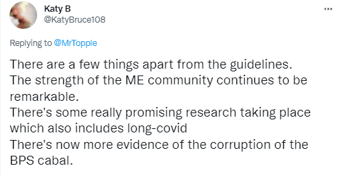 There are a few things apart from the guidelines. The strength of the ME community continues to be remarkable. There's some really promising research taking place which also includes long-covid There's now more evidence of the corruption of the BPS (biopsychosocial) cabal.