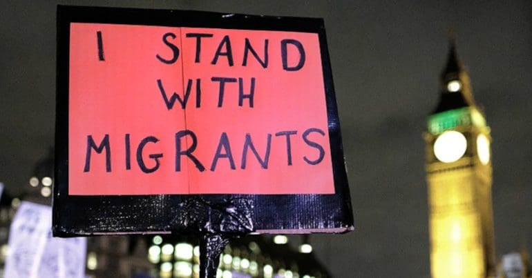 Migrant solidarity placard in Trafalgar Square