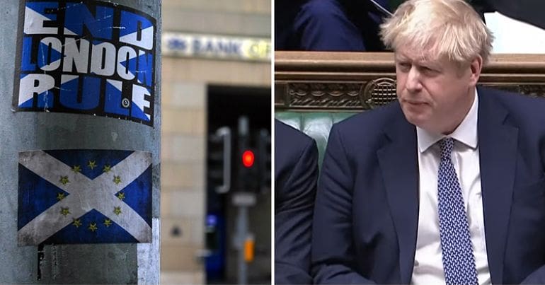 Scottish flag on a lamppost and Boris Johnson looking confused in the House of Commons