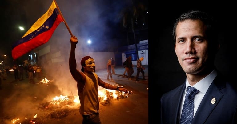 A protester in Venezuela and coup leader Juan Guaido