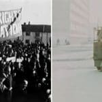 Civil Rights Association march banner and a BRitish soldier taking aim in Derry