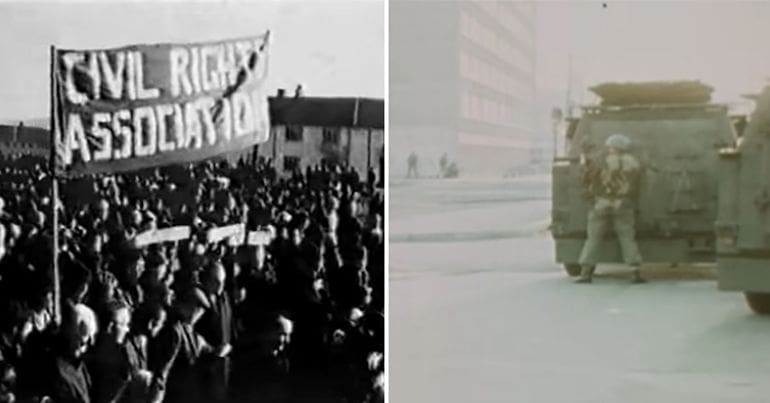 Civil Rights Association march banner and a BRitish soldier taking aim in Derry