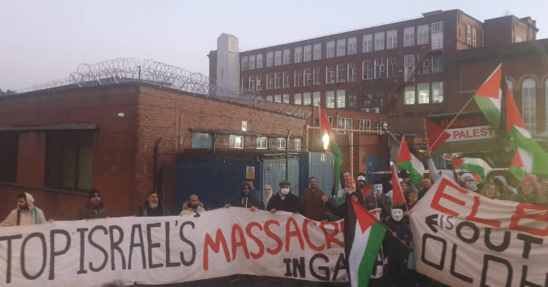 Demonstrators celebreate outside Elbit's closed Ferranti factory