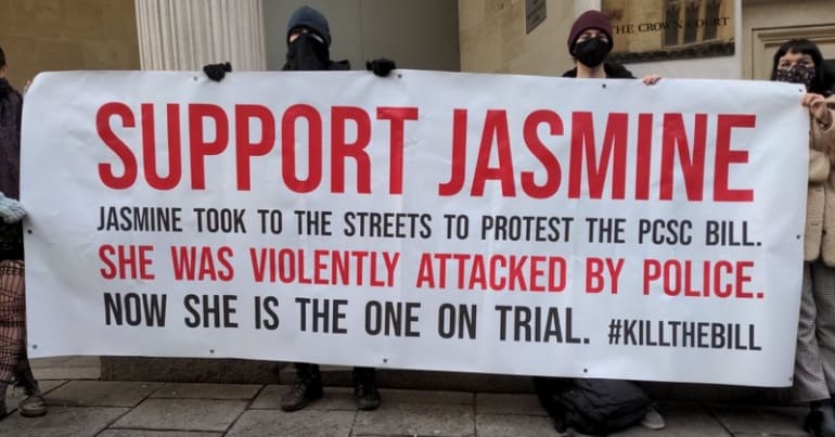 Support Jasmine banner outside Bristol Crown Court